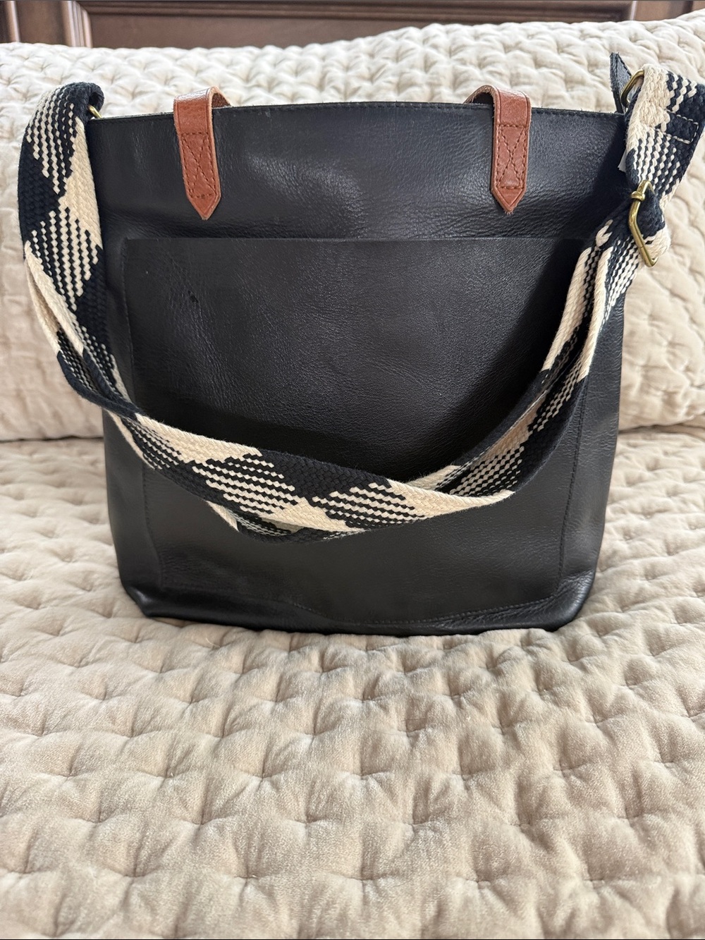 Madewell Black Leather Shoulder Bag with Patterned Canvas Strap